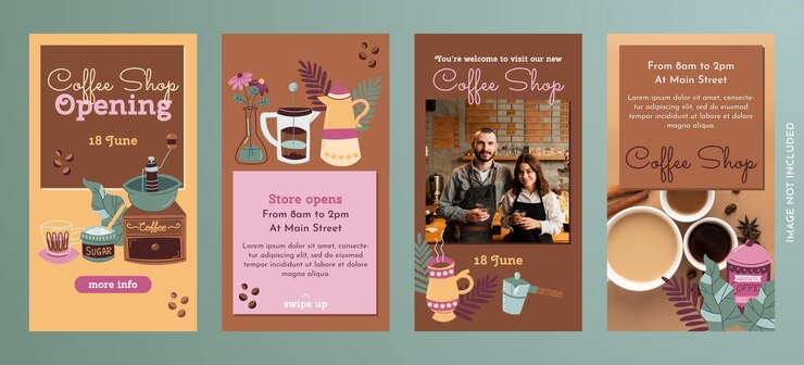 Vector gratuito cafetería colorida dibujada a mano que abre la colección de historias de instagram