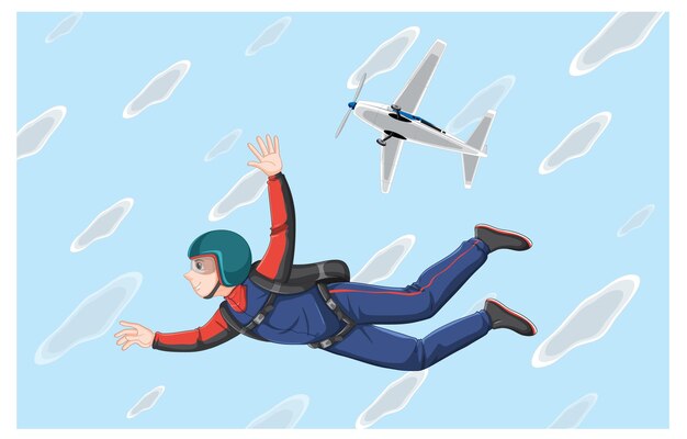 Caída libre de paracaidista masculino en el cielo con avión en el fondo