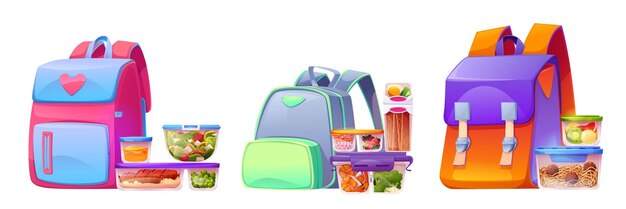 Caja de almuerzo de contenedor de alimentos cerca de la mochila para la escuela conjunto de ilustración vectorial aislado Paquete de almacenamiento de sobras de frutas y verduras de plástico con ensalada comida preparada postre y merienda casera