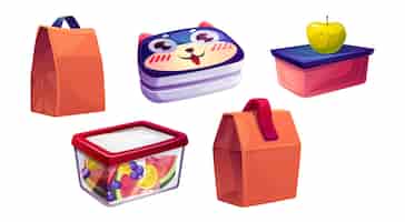 Vector gratuito caja de almuerzo escolar con comida para niños y bolsa para bocadillos