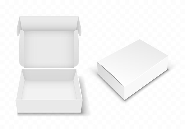 Caja de cartón en blanco blanco con tapa abatible, realista