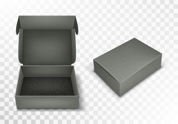 Caja de cartón en blanco gris con tapa abatible, realista