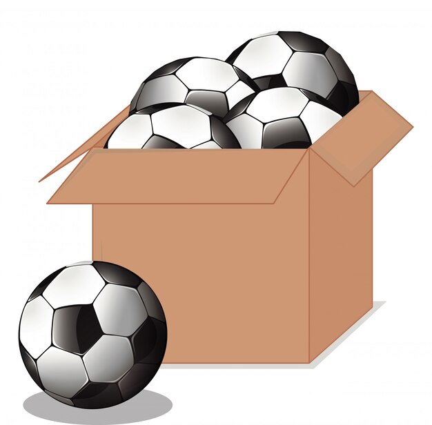 Caja de cartón llena de equipamiento deportivo en blanco