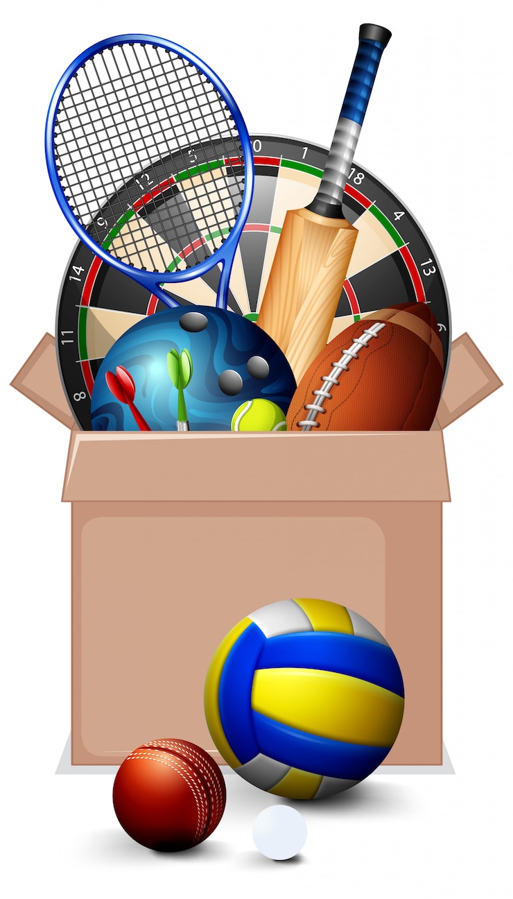 Vector gratuito caja de cartón llena de equipamiento deportivo en blanco