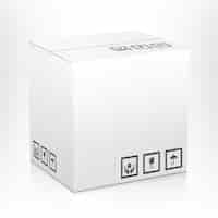 Vector gratuito caja de embalaje de paquete de entrega de cartón cerrado en blanco blanco con signos frágiles aislado