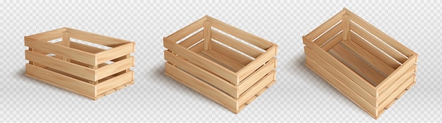 Vector gratuito caja de madera vacía 3d para frutas o verduras cesta de madera aislada realista con conjunto de textura de madera colección de ilustración de contenedor de embalaje de cosecha de granja abierta imágenes prediseñadas de carga de almacén