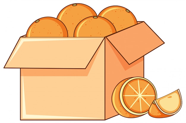 Caja de naranjas sobre fondo blanco.