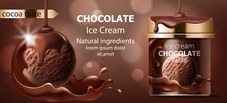Vector gratuito caja realista y bola de helado de chocolate.