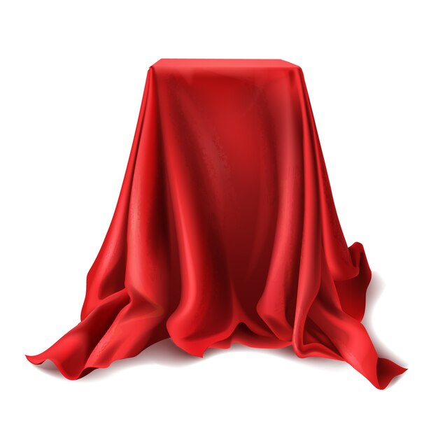 caja realista cubierta con paño de seda rojo aislado sobre fondo blanco.