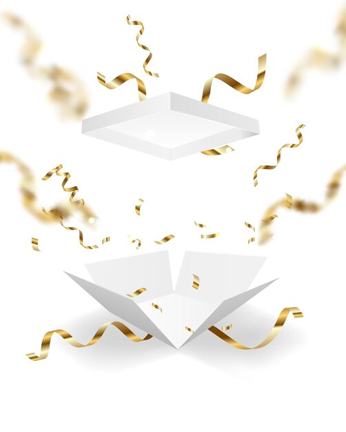 Caja de regalo abierta con confeti de oro aislado sobre fondo blanco Vector