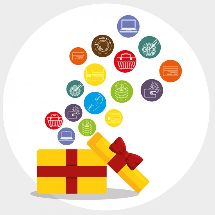 Vector gratuito caja de regalo con iconos conjunto de marketing