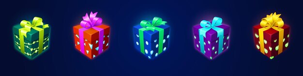 Caja de regalo, juego, ui, activos, caricatura, vector, ilustración, conjunto, de, neón, brillante, colorido, presente, paquetes, envuelto, y, decorado, con, cintas, y, arcos, para, juego, o, casino, ganador, recompensa, y, concepto de bonificación
