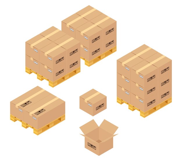 Cajas de cartón en almacén. Servicios de almacenaje, entrega y logística. Transporte y almacén, contenedor y palet, transporte y producto.