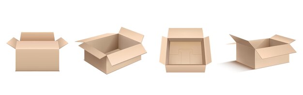 Cajas de cartón vacías, paquete de cartón marrón en frente, ángulo y vista superior. Maqueta vectorial realista de cajas abiertas para carga frágil, paquetería, almacenamiento y envío aislado en fondo blanco