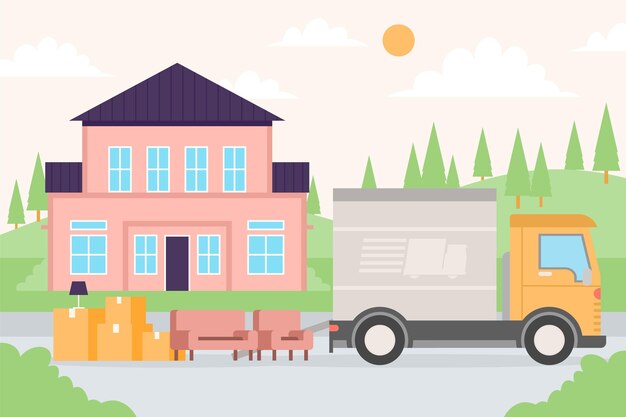 Cajas y muebles junto al transporte en movimiento