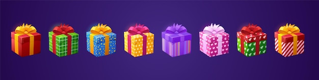 Vector gratuito cajas de regalo regalos de cumpleaños 3d en papel y lazos.