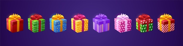 Cajas de regalo regalos de cumpleaños 3d en papel y lazos.