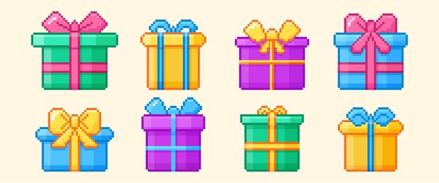Cajas de regalos de cumpleaños de pixel art con tapas y lazos de cinta de colores