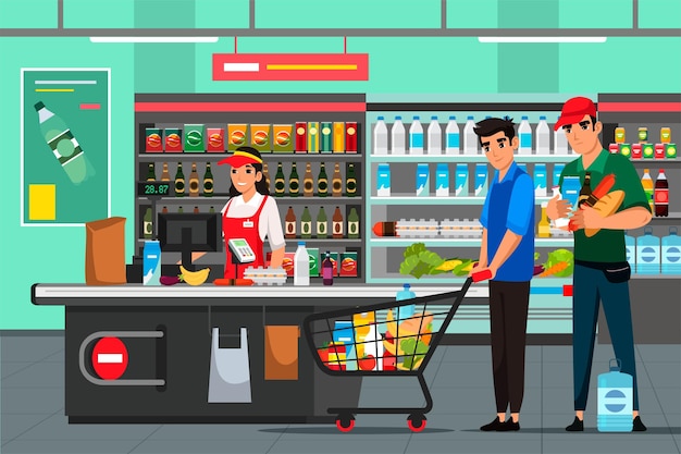 Cajero y compradores en el supermercado Mujer empleada que trabaja en el comprador de caja con compras de carrito de compras en la tienda