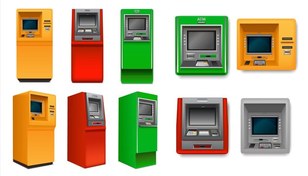 Cajeros automáticos amarillos, rojos y verdes, conjunto realista de diferentes lados, ilustración vectorial aislada