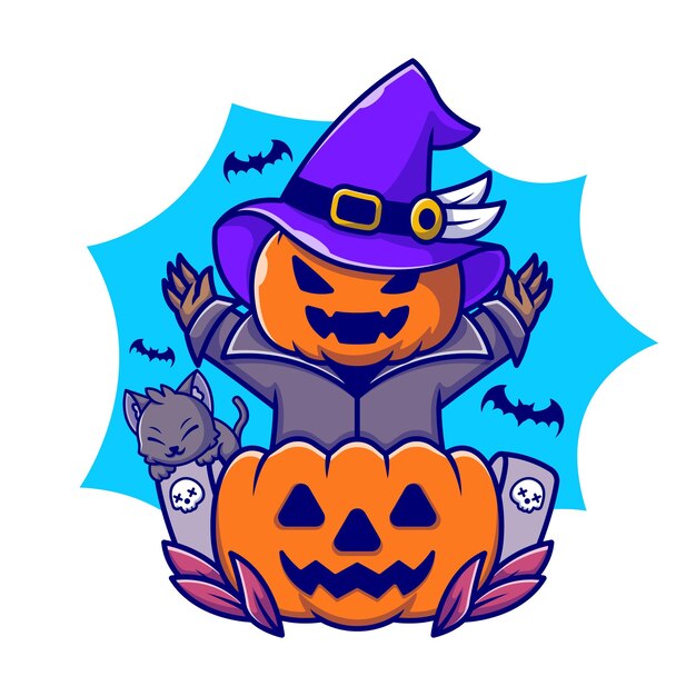 Calabaza de bruja linda con ilustración de icono de dibujos animados de gato y murciélago. Concepto de icono de vacaciones de personas aislado. Estilo de dibujos animados plana