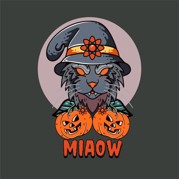Calabaza con gato Ilustración Carácter feliz halloween con cuervo