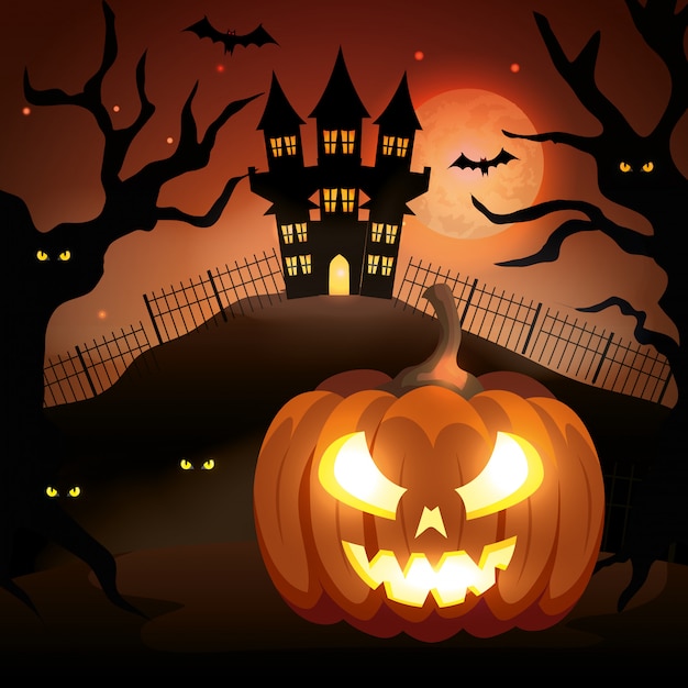 Calabaza de Halloween con castillo encantado en la noche oscura