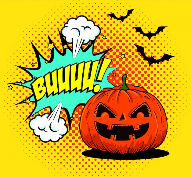 Calabaza de Halloween con murciélagos volando en estilo pop-art