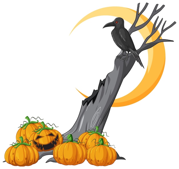 Vector gratuito calabaza de jack o'lantern con cuervo en árbol muerto