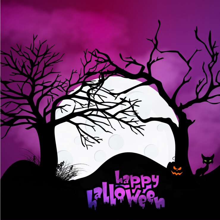 Vector gratuito calabazas de halloween y castillo oscuro en azul fondo de la luna, ilustración.