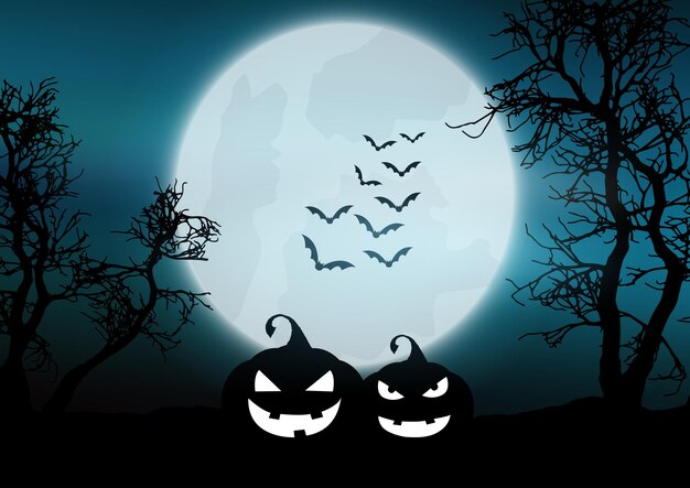 Calabazas de Halloween en un paisaje brumoso iluminado por la luna