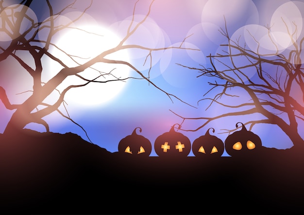 Vector gratuito calabazas de halloween en un paisaje espeluznante