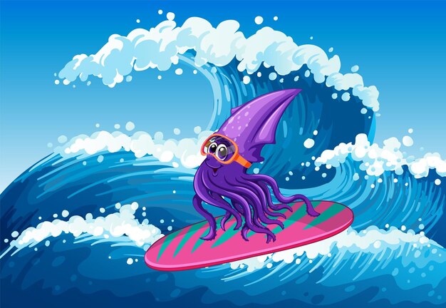 Un calamar en una tabla de surf en el océano