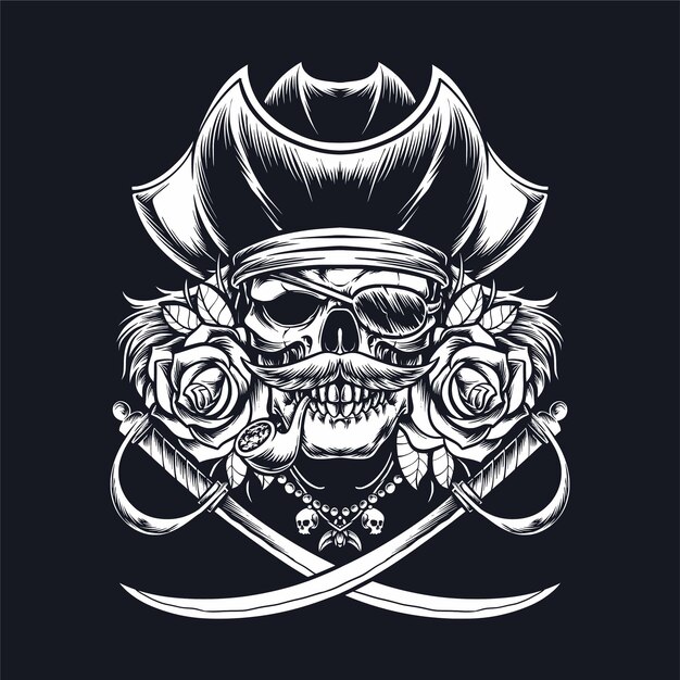 Calavera capitán pirata con espada ilustraciónjpg