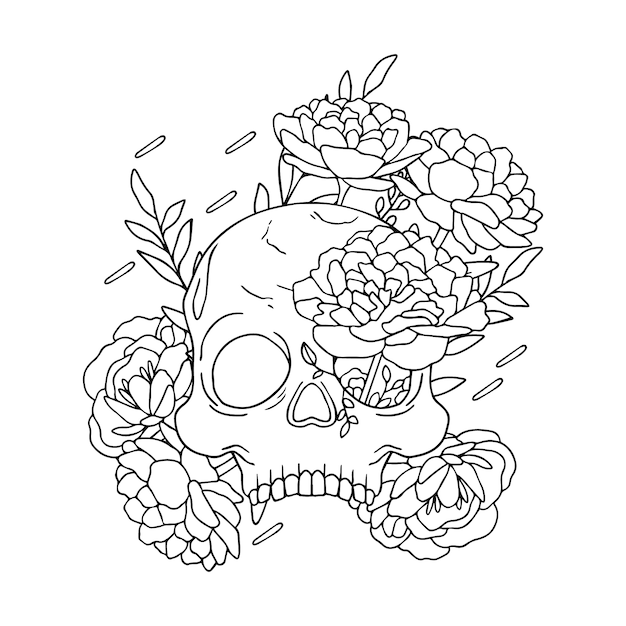Calavera dibujada a mano con flores ilustración
