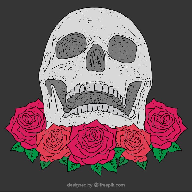 Calavera dibujada a mano con rosas decorativas