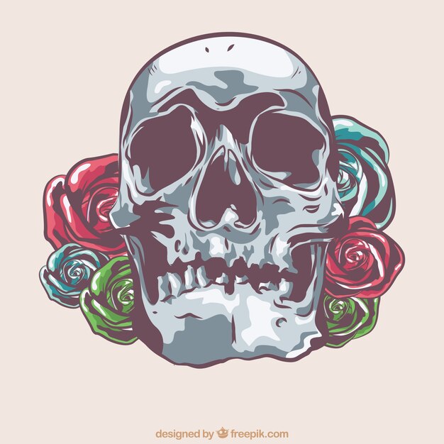 Calavera dibujada a mano con rosas 