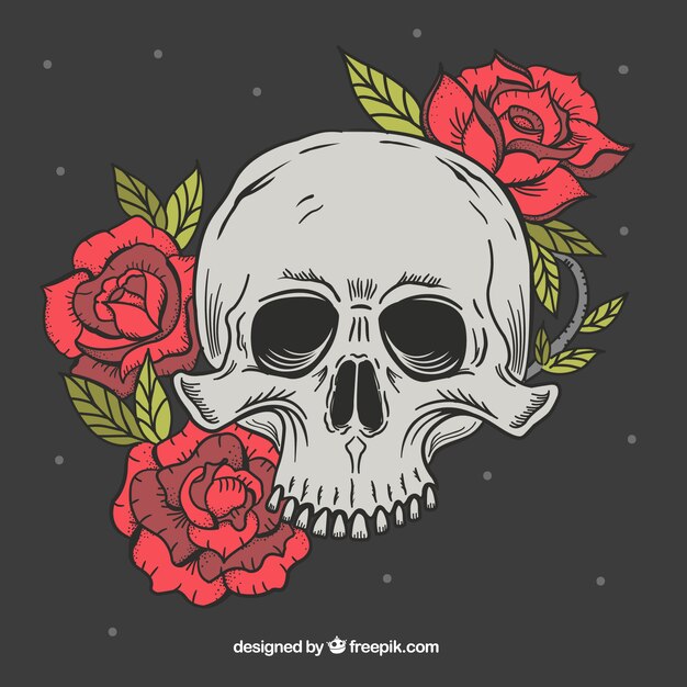 Calavera fantástica con flores rojas dibujadas a mano