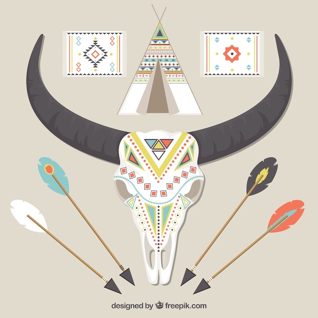 Calavera fantástica junto a otros elementos en estilo boho