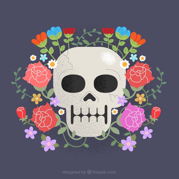Calavera con flores dibujadas a mano 