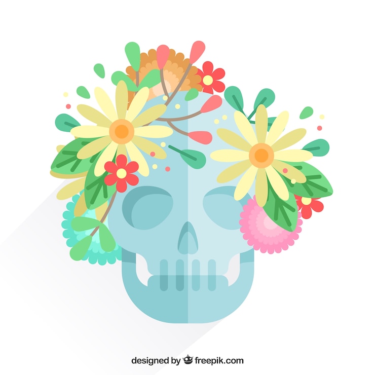 Vector gratuito calavera con flores en diseño plano 