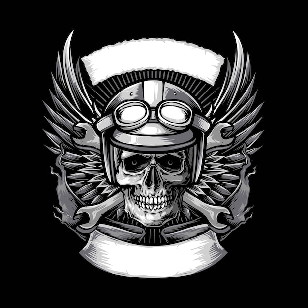 Calavera de motociclista con alas y pancarta illustrationjpg