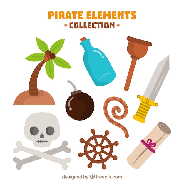 Calavera y otros elementos pirata en diseño plano