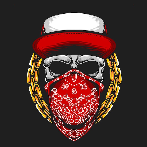 Calavera con pañuelo rojo y vector de cadena de oro.
