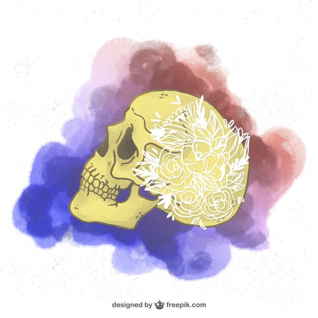 Calavera de perfil de acuarela con ornamentos de flores 