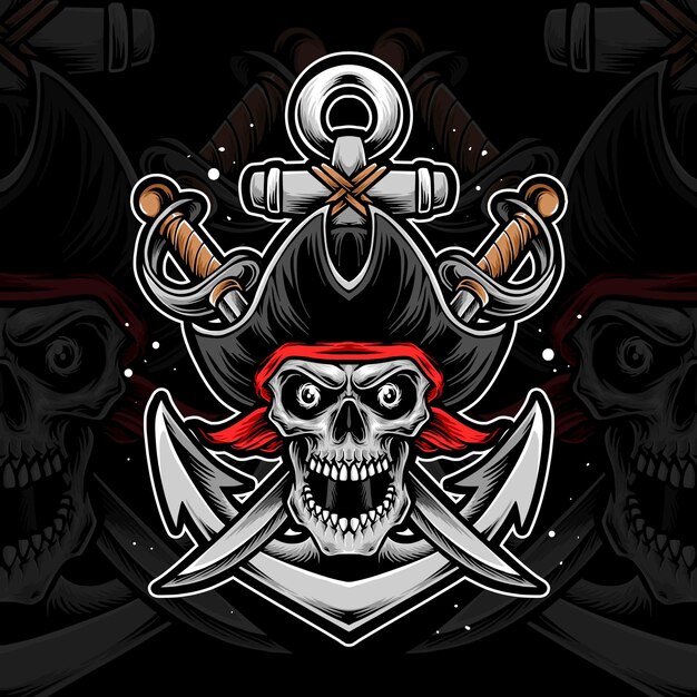 Calavera pirata con espada y ancla