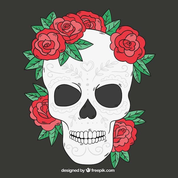 Vector gratuito calavera con rosas dibujadas a mano