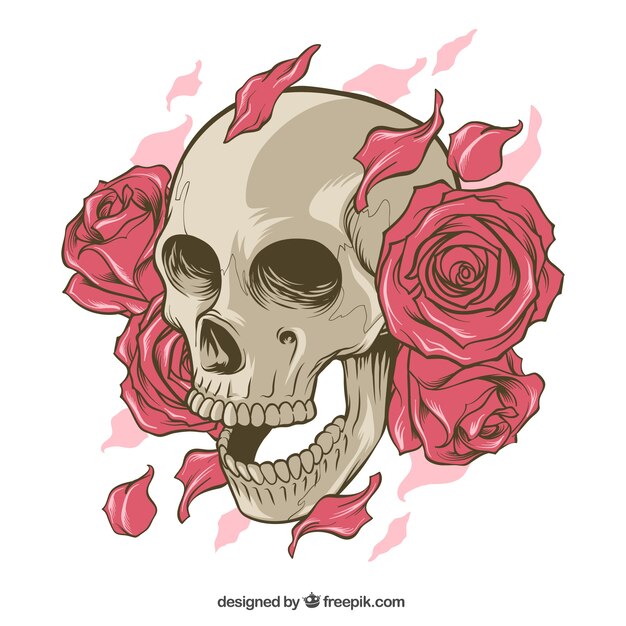 Calavera con rosas y pétalos dibujados a mano 