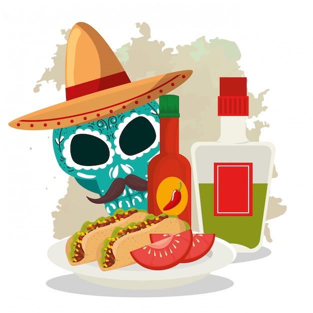 Calavera con sombrero y tacos para la celebración del día de los muertos