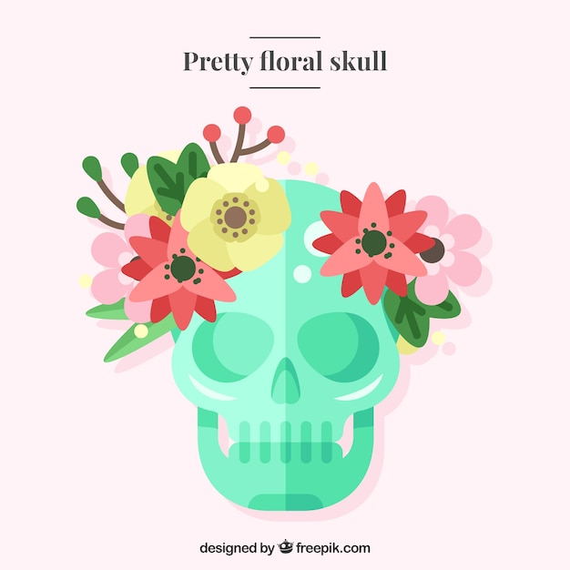 Vector gratuito calavera verde en diseño plano con elementos naturales